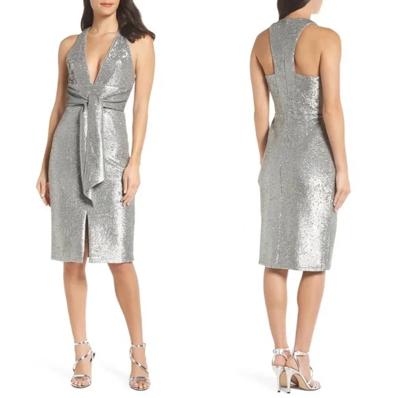 Harlyn Plunge Neck Sequin Dress Matte Silver Harlyn Plunge Neck Sequin Dress Matte Silver